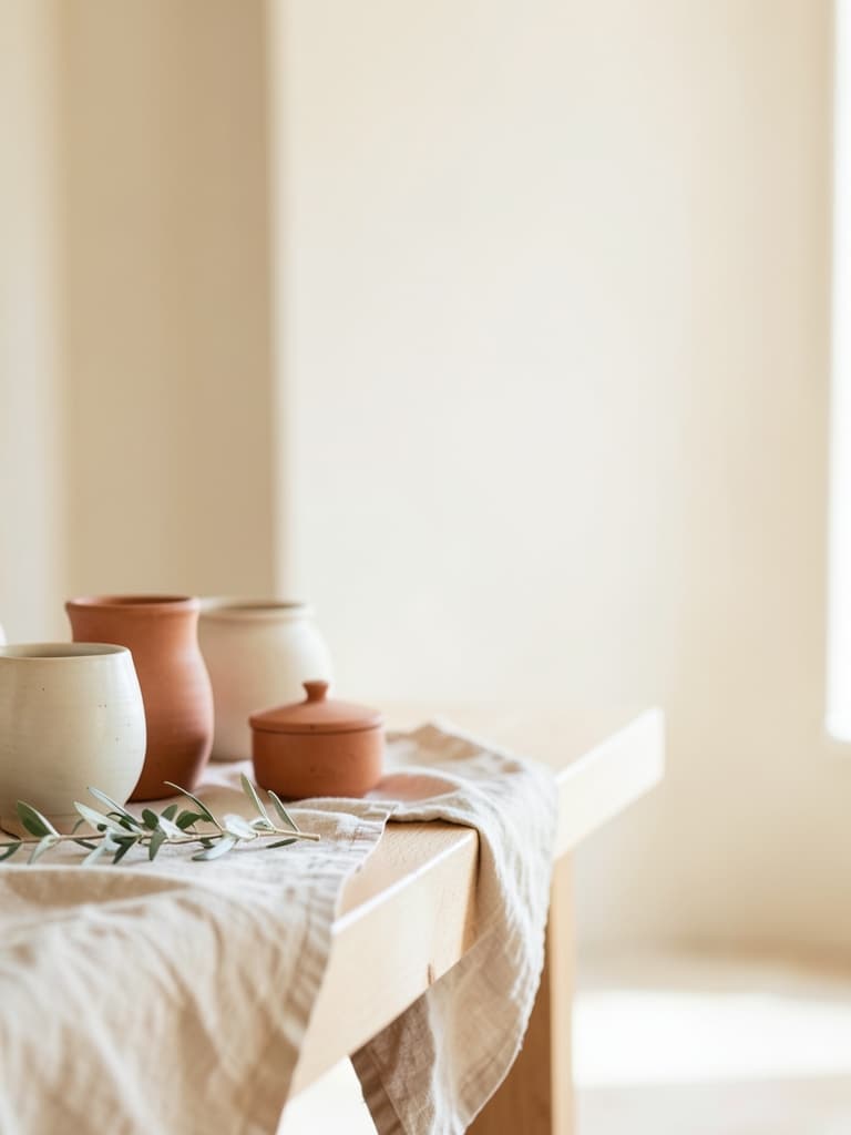 Intérieur lumineux avec céramiques, textile en lin et végétaux